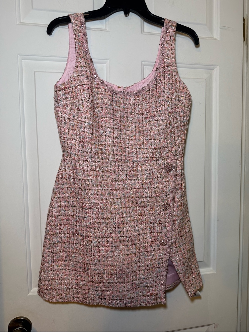 Bella Barnett MEDIUM Pink Metallic Tweed Mini Dress Beaded Rhinestones NWT Chic!